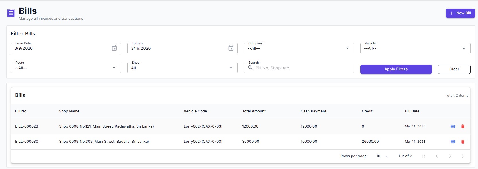 Bills list with filter bar