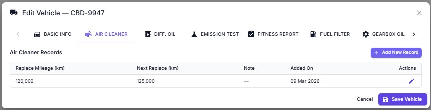 Edit vehicle — air cleaner maintenance tab